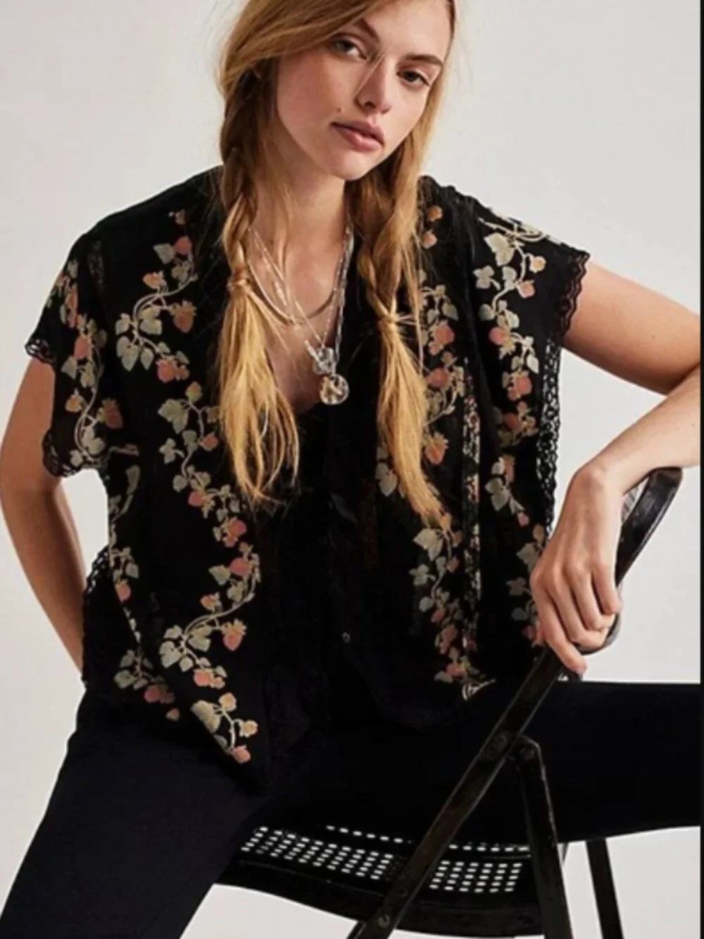 Free People Marigold Printed Shine Lace Top Black Buttondown Lace XS